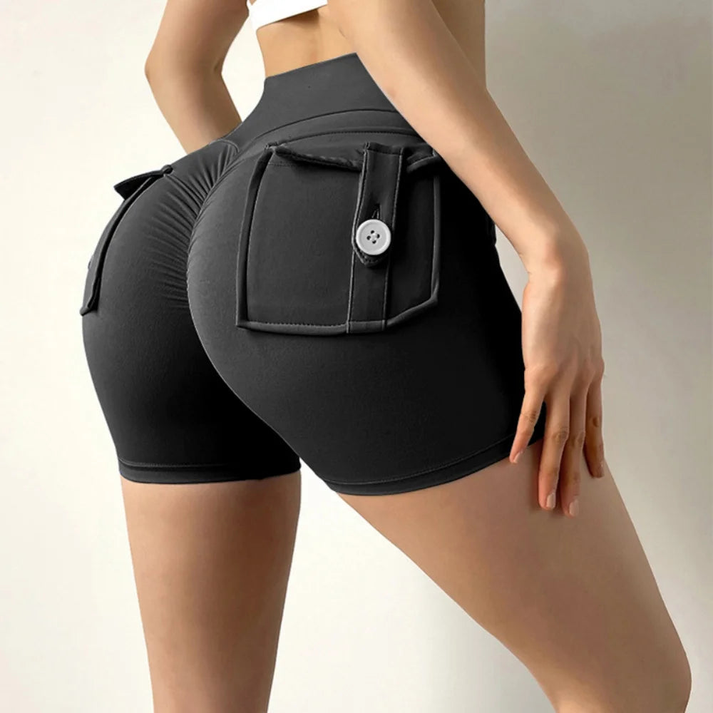 Women’s Peach Lift Fitness Shorts – High-Waist Air-Dry Yoga Cargo Pocket Training Pants