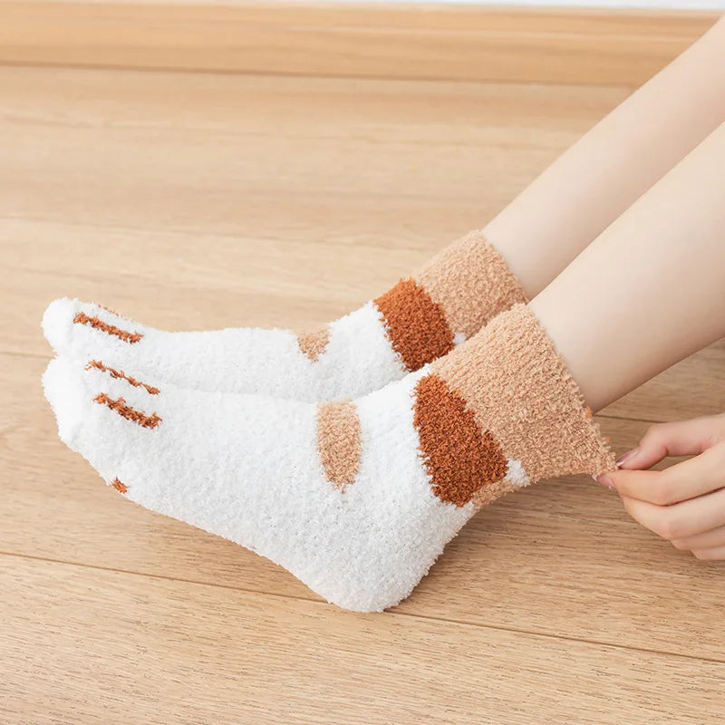 Women’s Fluffy Cat Paw Socks – Warm Coral Fleece Winter Sleep & Home Floor Socks