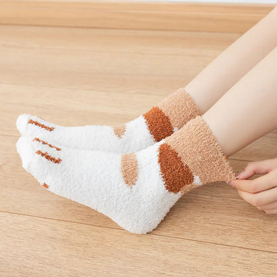 Women’s Fluffy Cat Paw Socks – Warm Coral Fleece Winter Sleep & Home Floor Socks