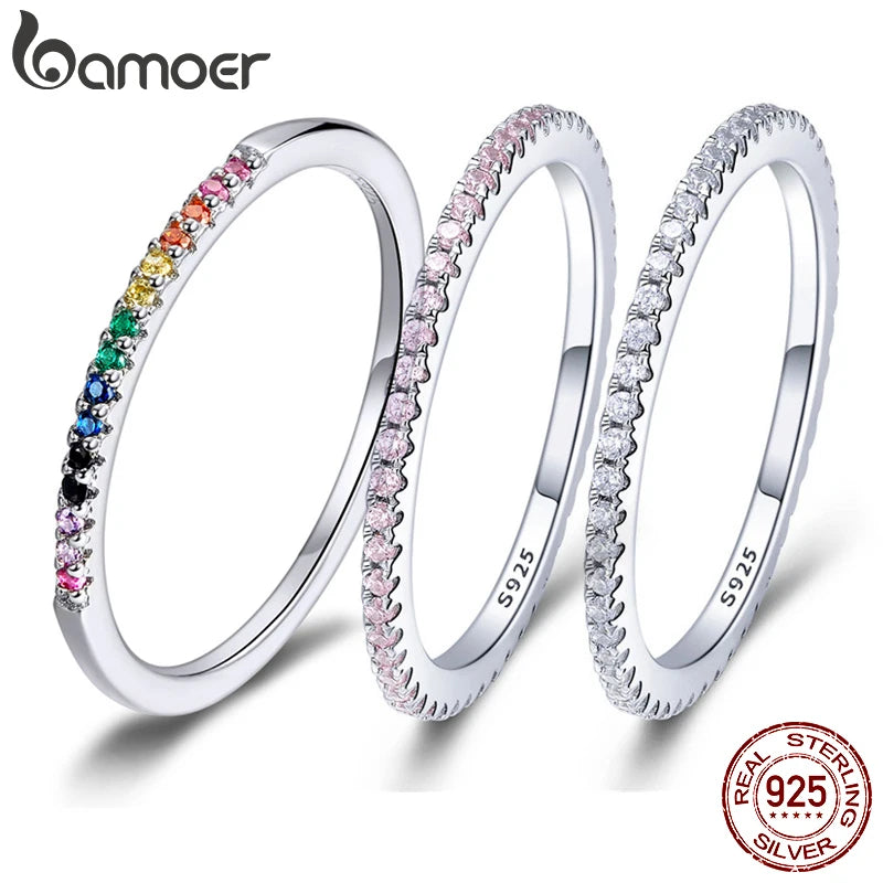 BAMOER 925 Sterling Silver Full Paved CZ Stackable Ring – Gold Plated Eternity Band for Women