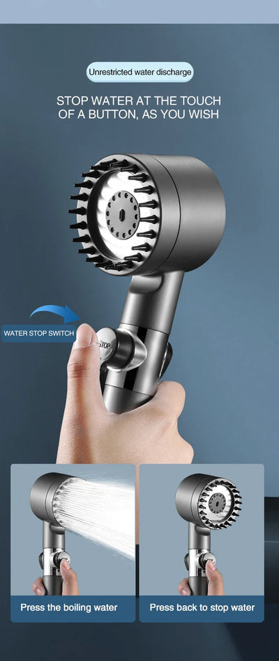 Turbo High-Pressure Shower Head with 3 Adjustable Spray Modes and Built-In Massage Brush