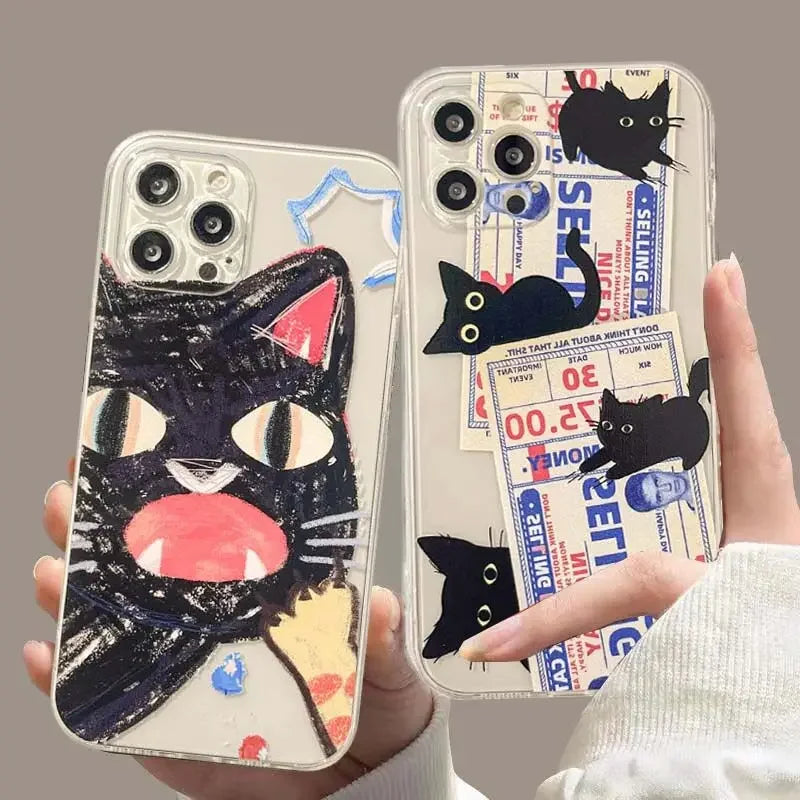 Doodle Angry Cat iPhone Case – Clear Soft Silicone Cover with Full Camera Protection