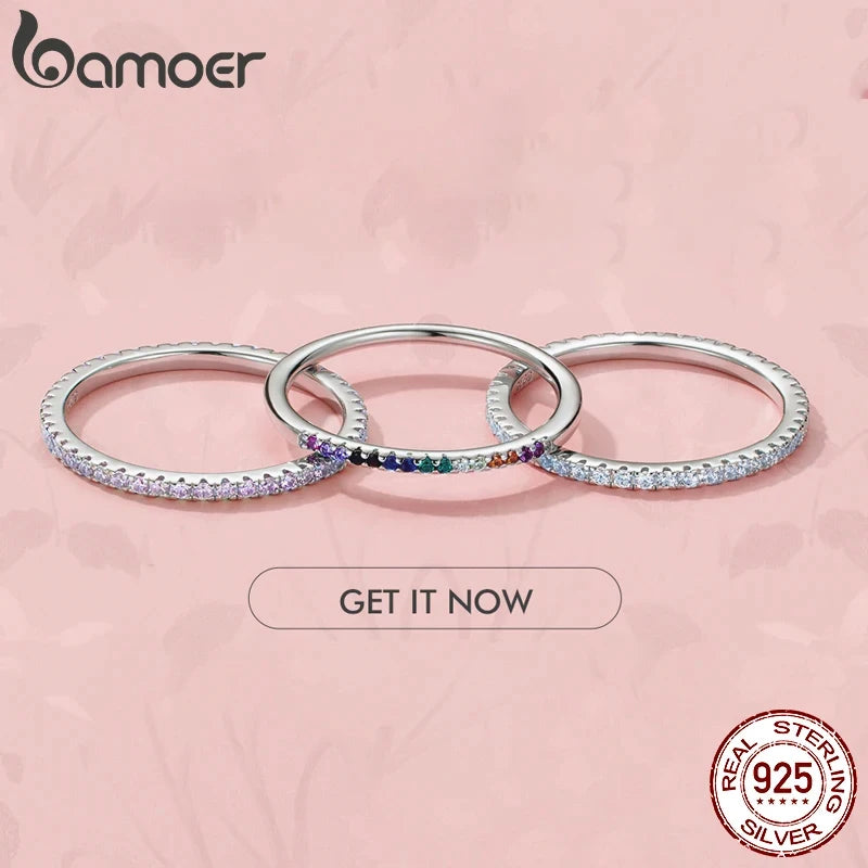 BAMOER 925 Sterling Silver Full Paved CZ Stackable Ring – Gold Plated Eternity Band for Women