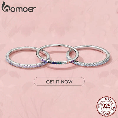 BAMOER 925 Sterling Silver Full Paved CZ Stackable Ring – Gold Plated Eternity Band for Women