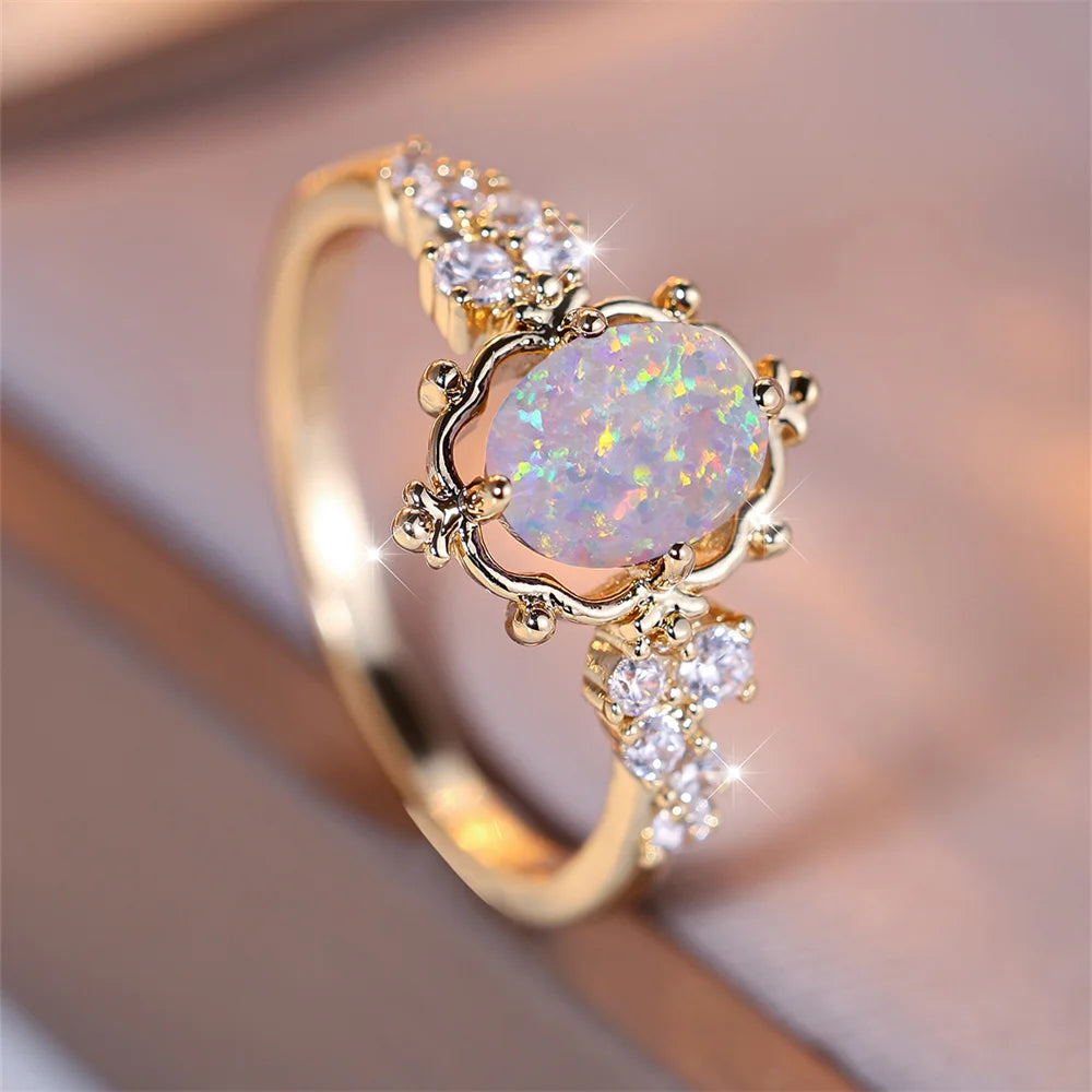 White Fire Opal Flower Ring – Vintage Oval Stone Bridal Wedding & Engagement Band