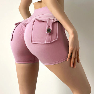 Women’s Peach Lift Fitness Shorts – High-Waist Air-Dry Yoga Cargo Pocket Training Pants