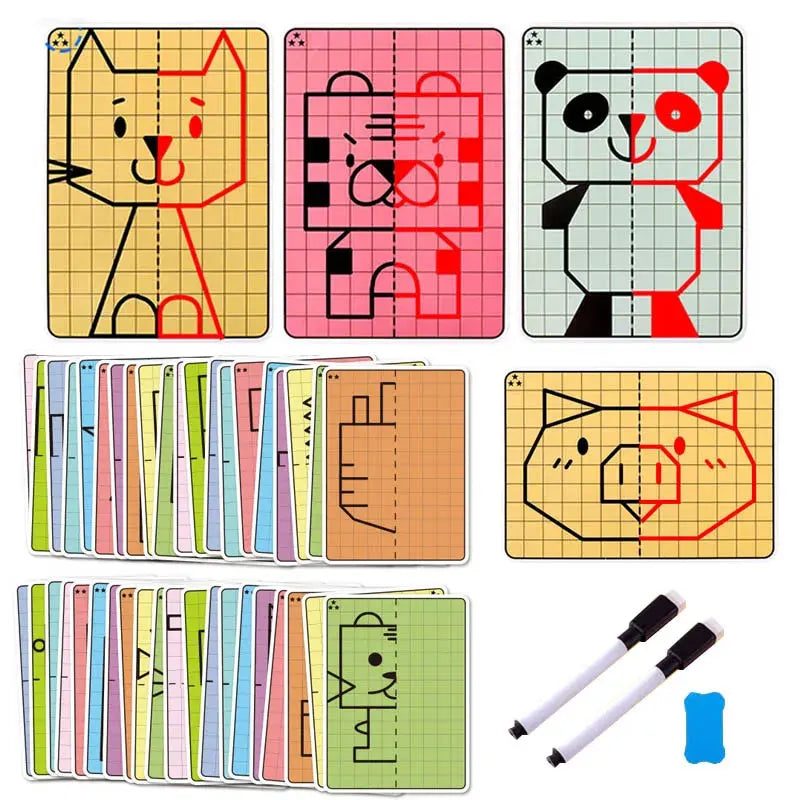 Kids Symmetrical Drawing Book – 30-Page Grid Art Practice Notebook + 4-Color Brush