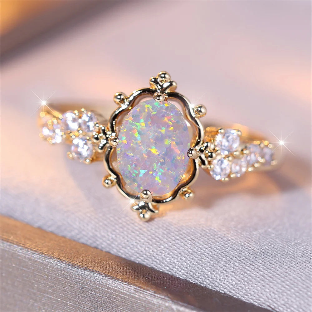 White Fire Opal Flower Ring – Vintage Oval Stone Bridal Wedding & Engagement Band