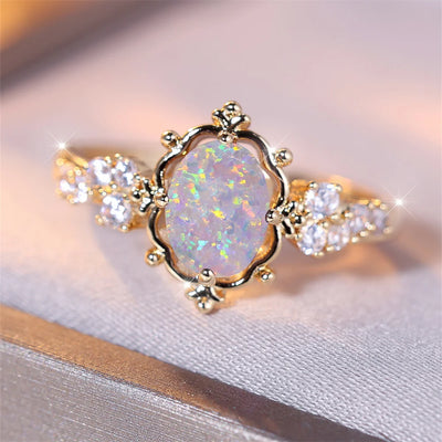 White Fire Opal Flower Ring – Vintage Oval Stone Bridal Wedding & Engagement Band
