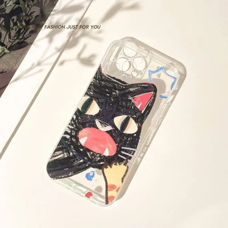 Doodle Angry Cat iPhone Case – Clear Soft Silicone Cover with Full Camera Protection