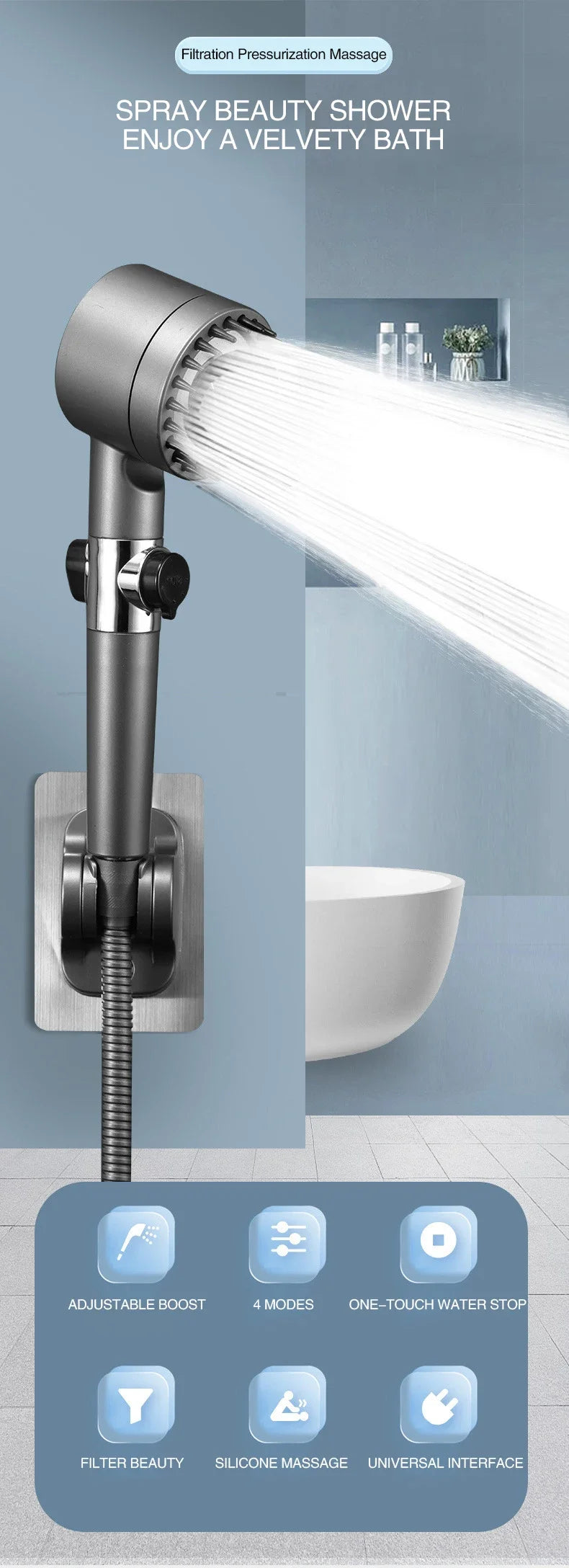 Turbo High-Pressure Shower Head with 3 Adjustable Spray Modes and Built-In Massage Brush