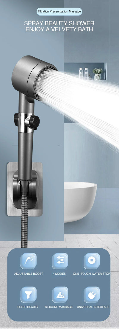 Turbo High-Pressure Shower Head with 3 Adjustable Spray Modes and Built-In Massage Brush