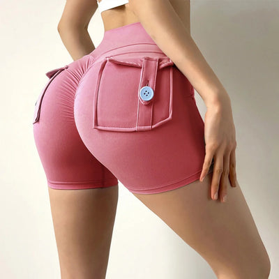 Women’s Peach Lift Fitness Shorts – High-Waist Air-Dry Yoga Cargo Pocket Training Pants