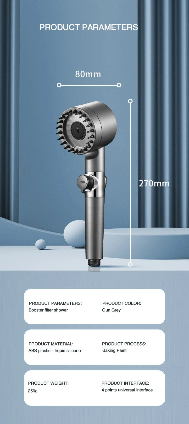 Turbo High-Pressure Shower Head with 3 Adjustable Spray Modes and Built-In Massage Brush