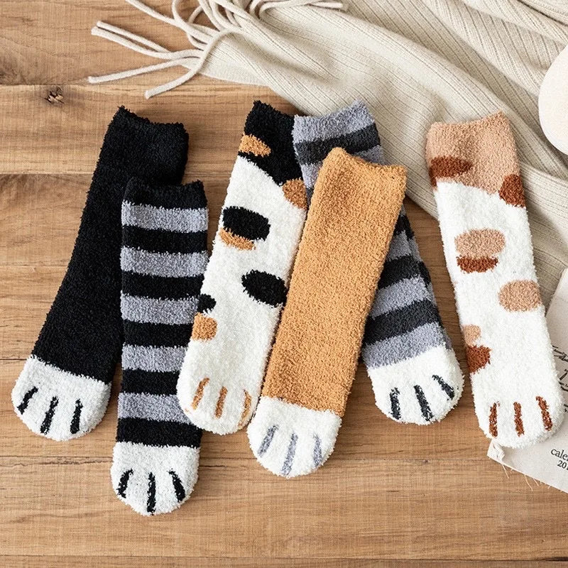 Women’s Fluffy Cat Paw Socks – Warm Coral Fleece Winter Sleep & Home Floor Socks