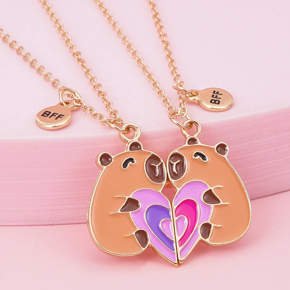 Qpeach 2Pcs/set Cute Cartoon Capybara Pendant BFF Necklace for Best Friends – Friendship Jewelry Gift