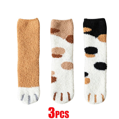 Women’s Fluffy Cat Paw Socks – Warm Coral Fleece Winter Sleep & Home Floor Socks