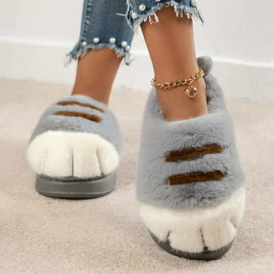 Women’s Fluffy Paw Slippers – Cute Faux Fur Winter Indoor Warm Shoes with Thick Soft Sole