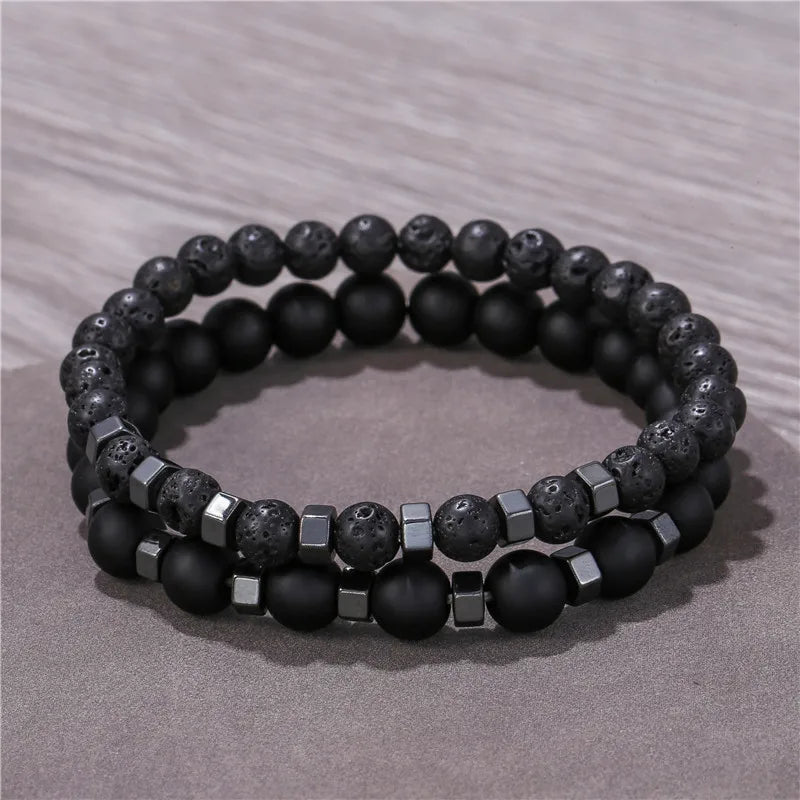 2pcs Beaded Bracelet Set for Men & Women – Lava Stone, Agate & Tiger Eye Charm Bracelets