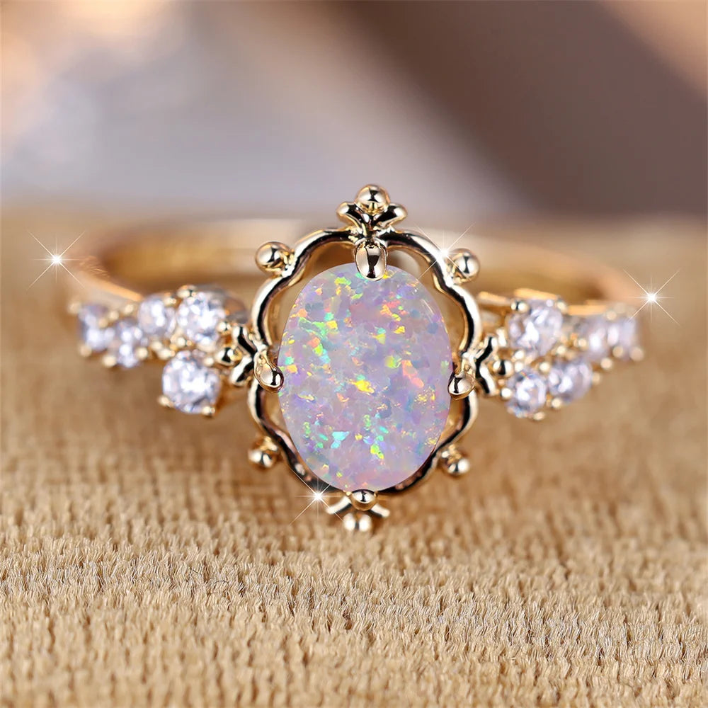White Fire Opal Flower Ring – Vintage Oval Stone Bridal Wedding & Engagement Band