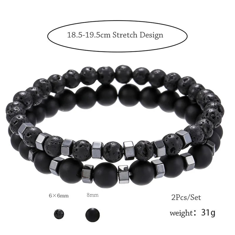 2pcs Beaded Bracelet Set for Men & Women – Lava Stone, Agate & Tiger Eye Charm Bracelets