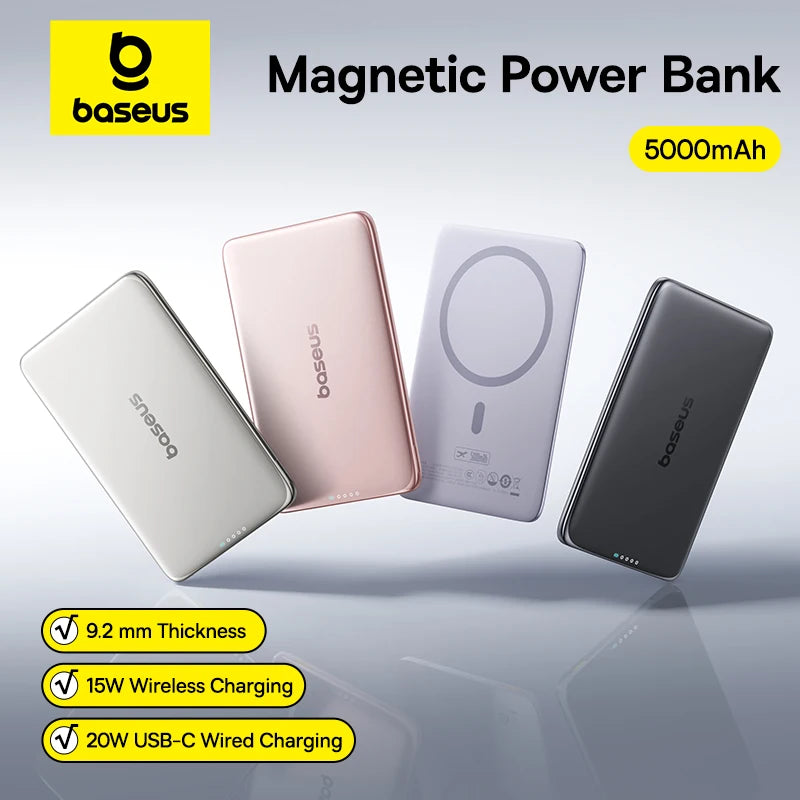 Baseus PicoGo AM41 5000mAh Magnetic Power Bank – 15W Wireless + 20W Fast Charging, Ultra-Slim Card-Size Portable Charger