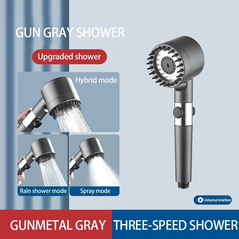 Turbo High-Pressure Shower Head with 3 Adjustable Spray Modes and Built-In Massage Brush