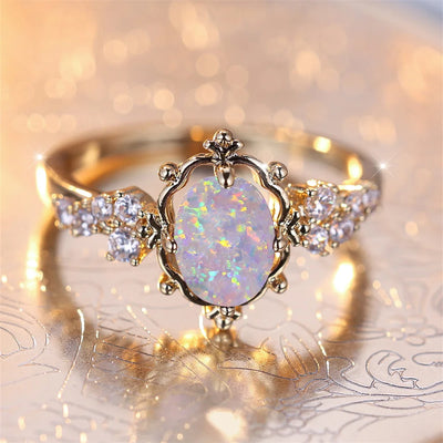 White Fire Opal Flower Ring – Vintage Oval Stone Bridal Wedding & Engagement Band