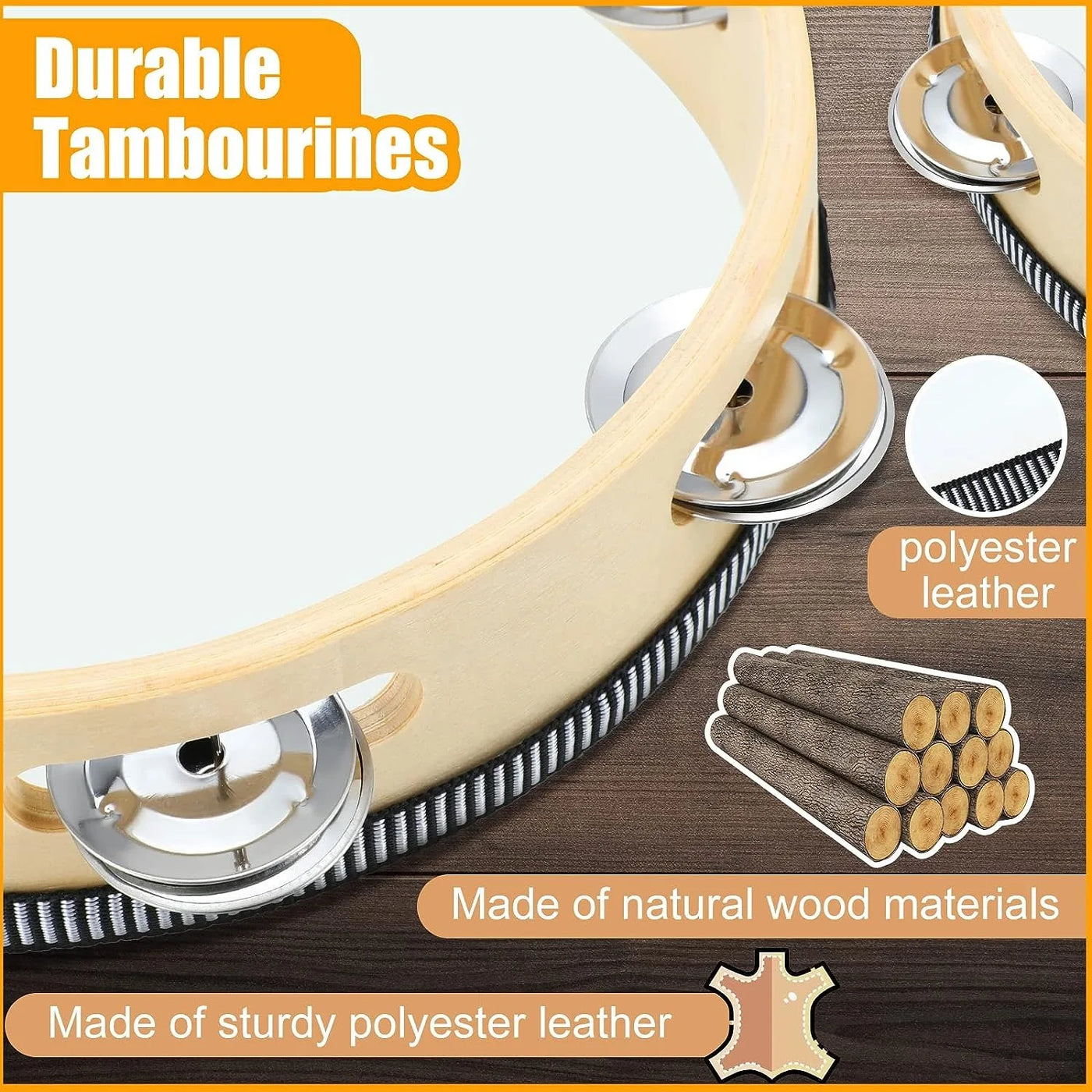 Wooden Tambourine – 4/6/8/10” Percussion Instrument with Metal Jingles for Church, Concert & Parties