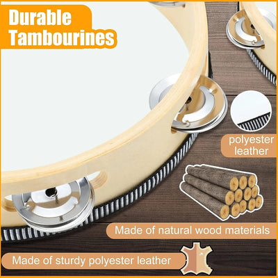 Wooden Tambourine – 4/6/8/10” Percussion Instrument with Metal Jingles for Church, Concert & Parties