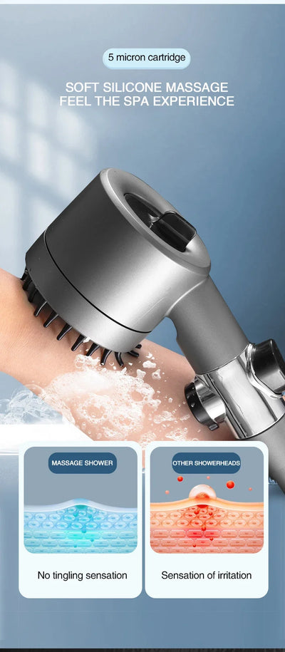 Turbo High-Pressure Shower Head with 3 Adjustable Spray Modes and Built-In Massage Brush