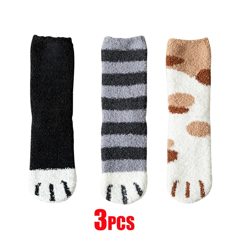 Women’s Fluffy Cat Paw Socks – Warm Coral Fleece Winter Sleep & Home Floor Socks