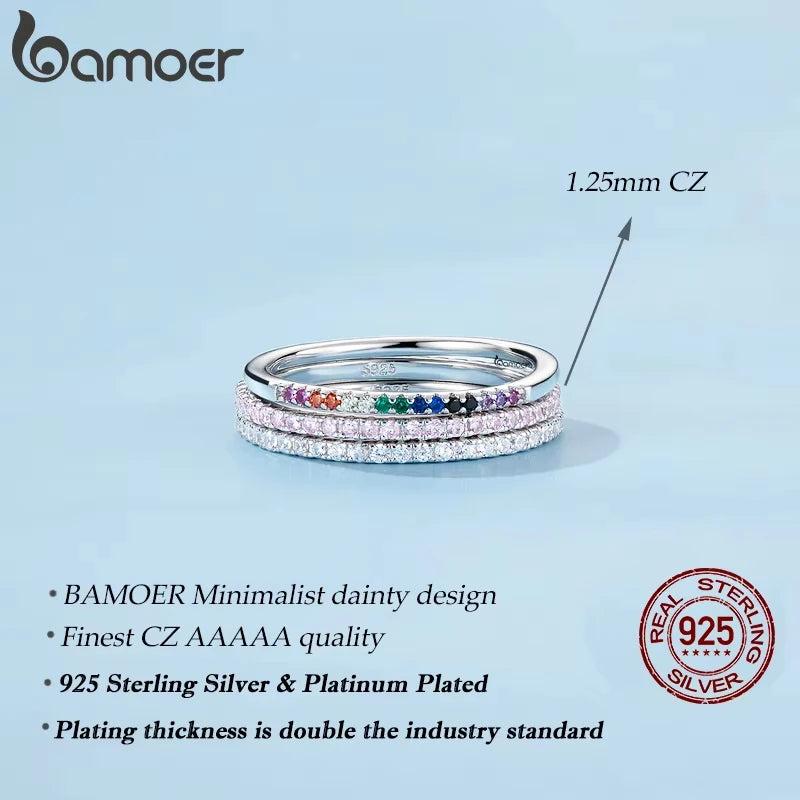 BAMOER 925 Sterling Silver Full Paved CZ Stackable Ring – Gold Plated Eternity Band for Women