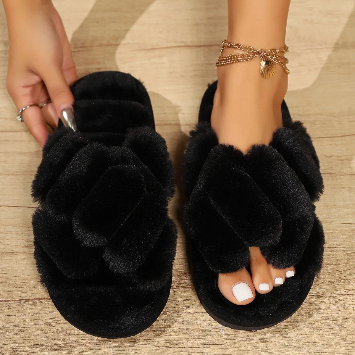 Women’s Suede Fur Cross Slippers – Warm Winter Indoor Non-Slip Thick Sole House Shoes