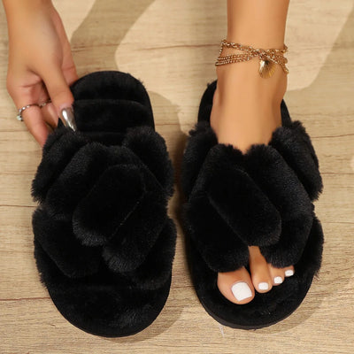 Women’s Suede Fur Cross Slippers – Warm Winter Indoor Non-Slip Thick Sole House Shoes