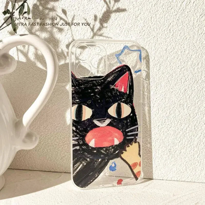 Doodle Angry Cat iPhone Case – Clear Soft Silicone Cover with Full Camera Protection