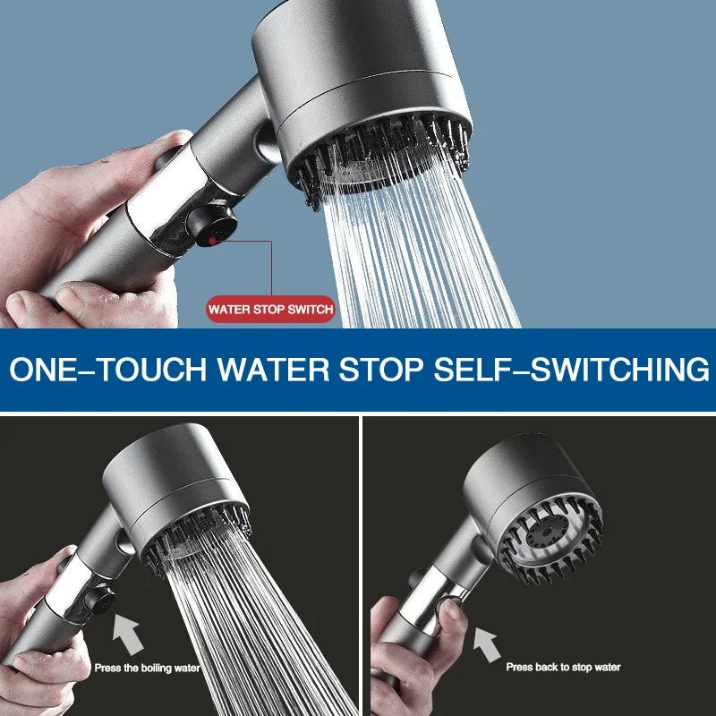 Turbo High-Pressure Shower Head with 3 Adjustable Spray Modes and Built-In Massage Brush