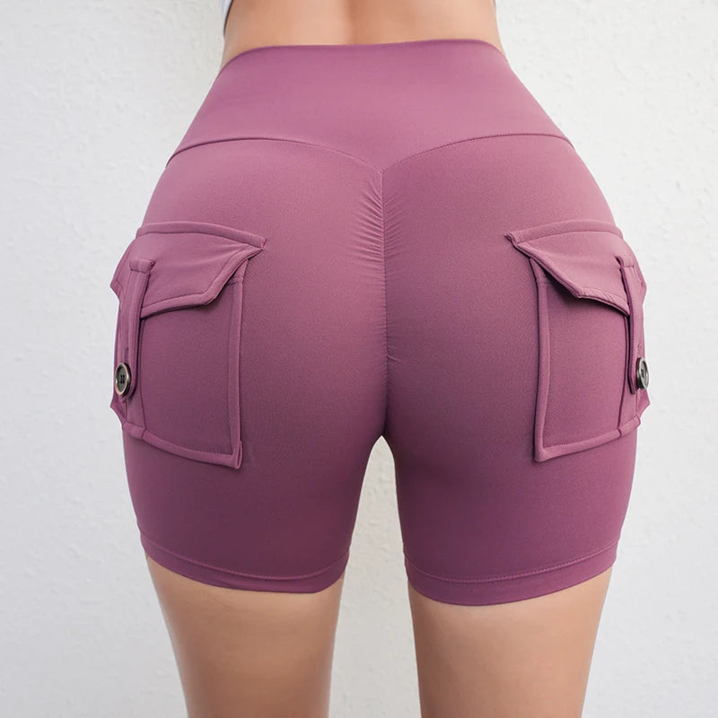 Women’s Peach Lift Fitness Shorts – High-Waist Air-Dry Yoga Cargo Pocket Training Pants