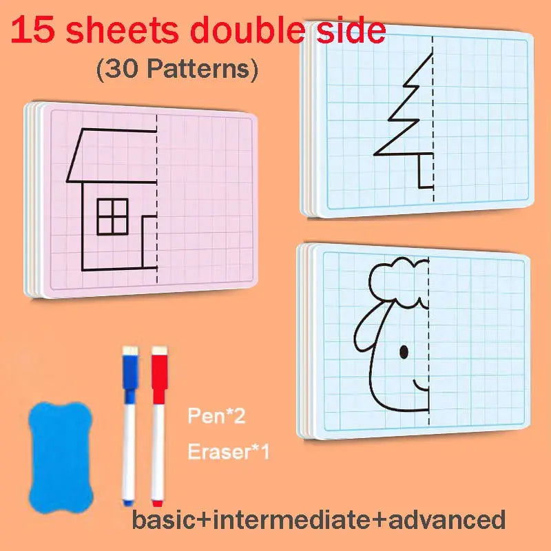 Kids Symmetrical Drawing Book – 30-Page Grid Art Practice Notebook + 4-Color Brush
