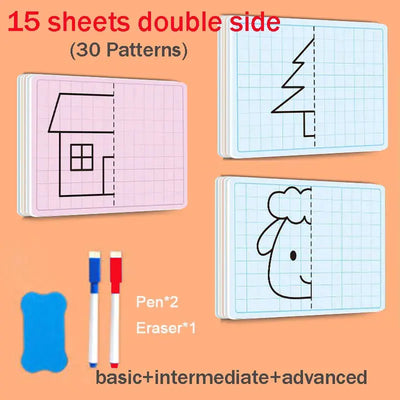 Kids Symmetrical Drawing Book – 30-Page Grid Art Practice Notebook + 4-Color Brush