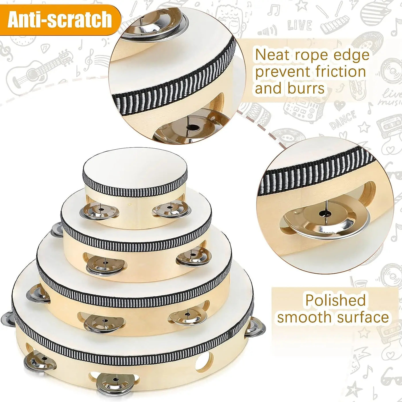 Wooden Tambourine – 4/6/8/10” Percussion Instrument with Metal Jingles for Church, Concert & Parties