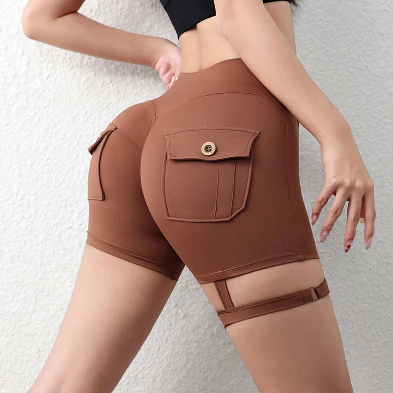 Women’s Peach Lift Fitness Shorts – High-Waist Air-Dry Yoga Cargo Pocket Training Pants