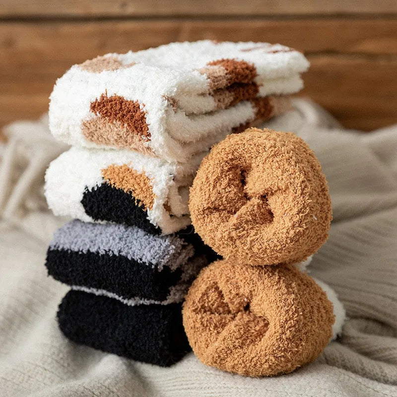 Women’s Fluffy Cat Paw Socks – Warm Coral Fleece Winter Sleep & Home Floor Socks