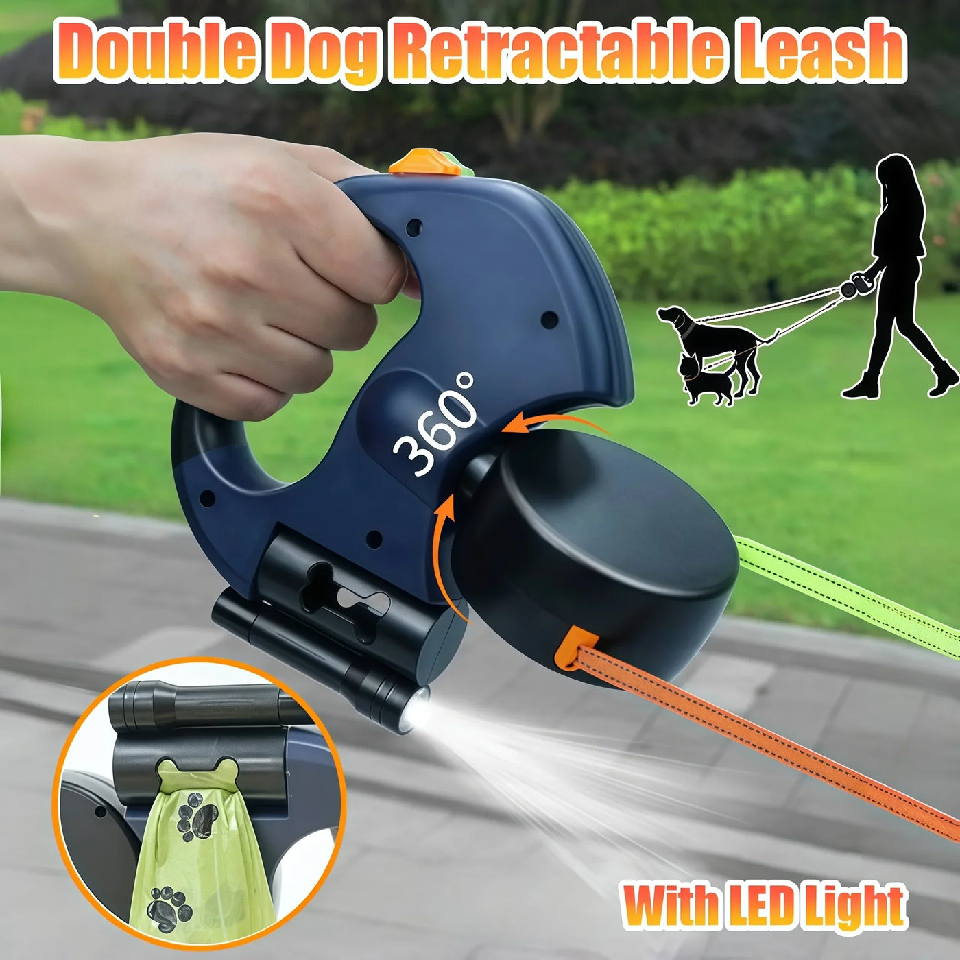 Premium 3M Retractable Double Dog Leash – Reflective, No-Tangle 360° Swivel Pet Lead with LED Light