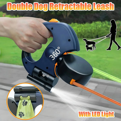 Premium 3M Retractable Double Dog Leash – Reflective, No-Tangle 360° Swivel Pet Lead with LED Light