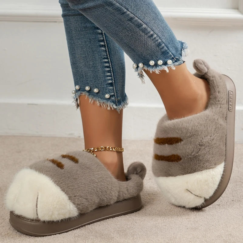 Women’s Fluffy Paw Slippers – Cute Faux Fur Winter Indoor Warm Shoes with Thick Soft Sole